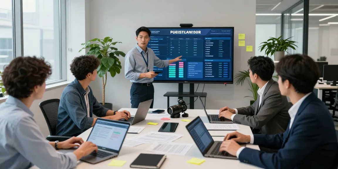 Team collaborating on document fraud detection strategies in a modern office setting, showcasing technology and teamwork.