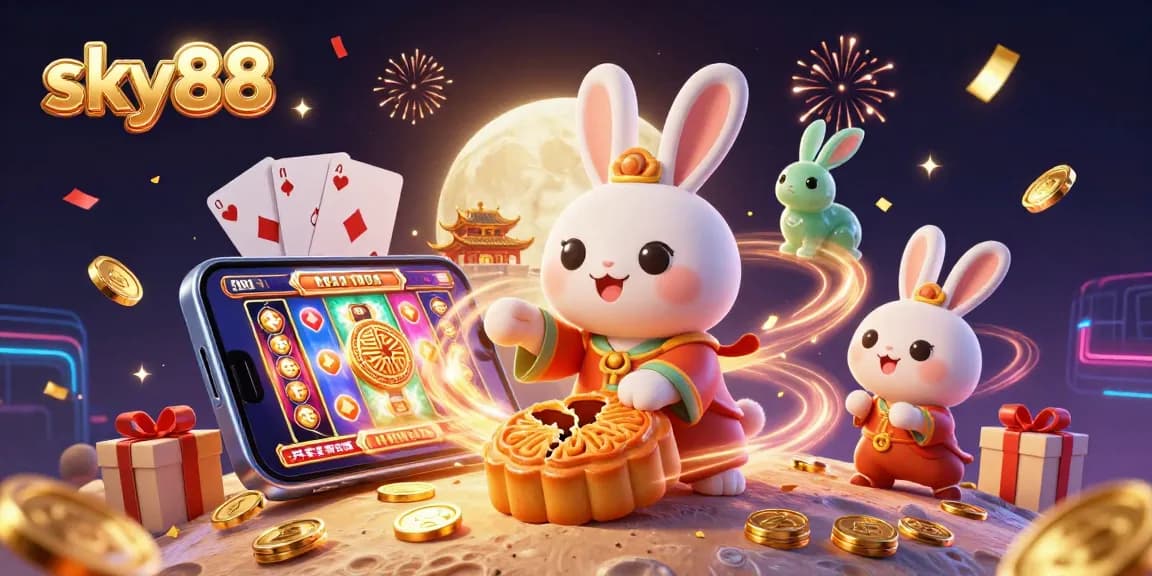 Experience thrilling gameplay at sky88 with a vibrant casino scene featuring a moon rabbit, poker chips, and slot games.