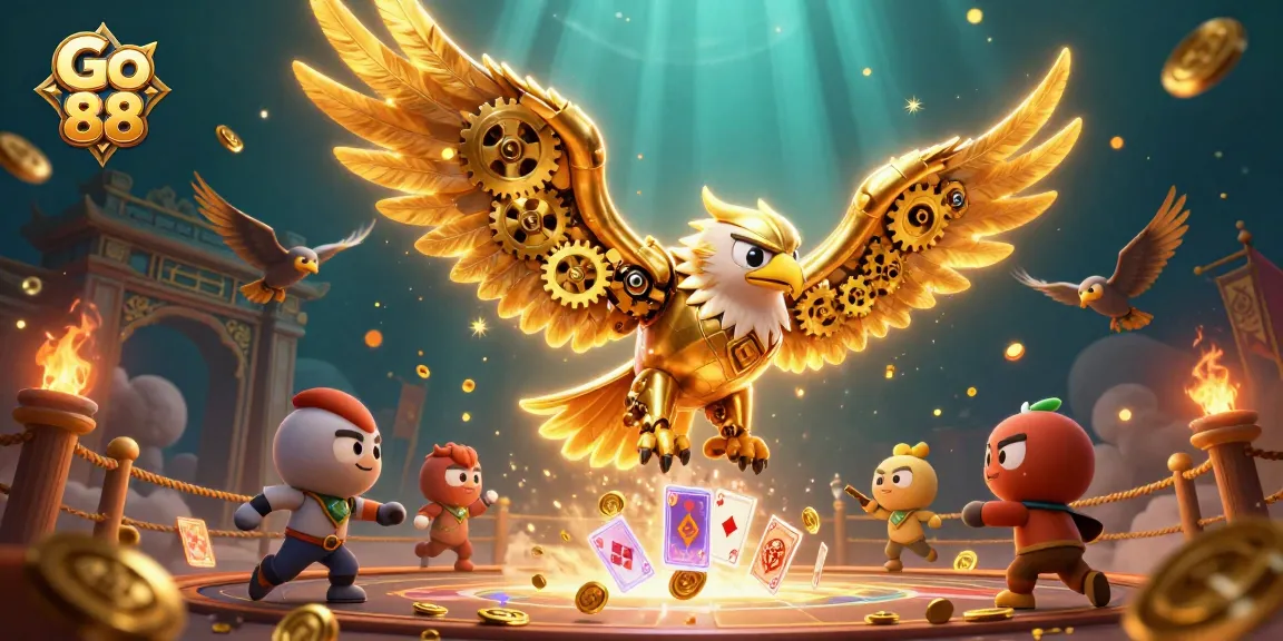 Go 88 showcases a vibrant 3D casino scene with a cybernetic eagle amidst holographic cards.