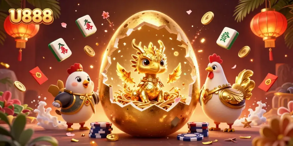 Experience exciting U888 gaming with a golden dragon revealing poker chips and vibrant casino elements.