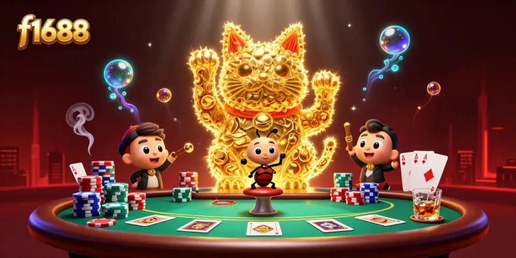 Play exciting casino games at f1688 with gameplay featuring a lucky cat and vibrant decorations.