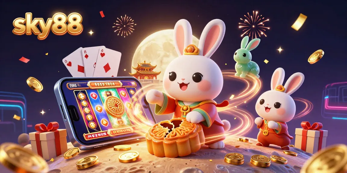 Experience thrilling gameplay at sky88 with a vibrant casino scene featuring a moon rabbit, poker chips, and slot games.