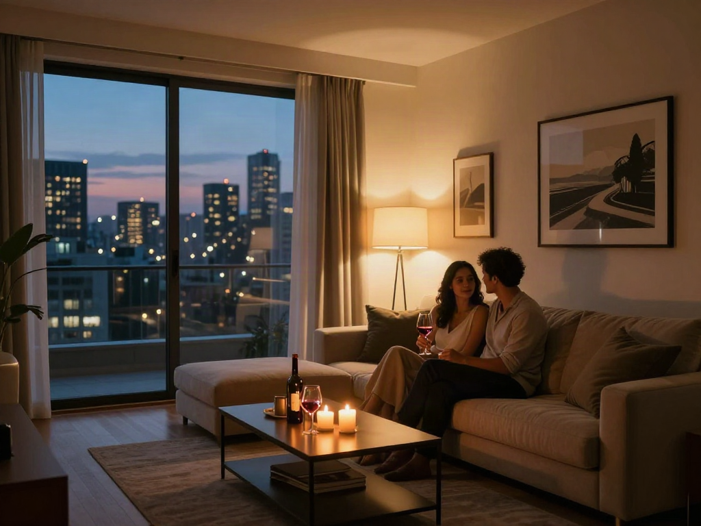 Elegant discreet apartment showcasing cozy ambiance with warm lighting and modern decor, perfect for intimate moments.