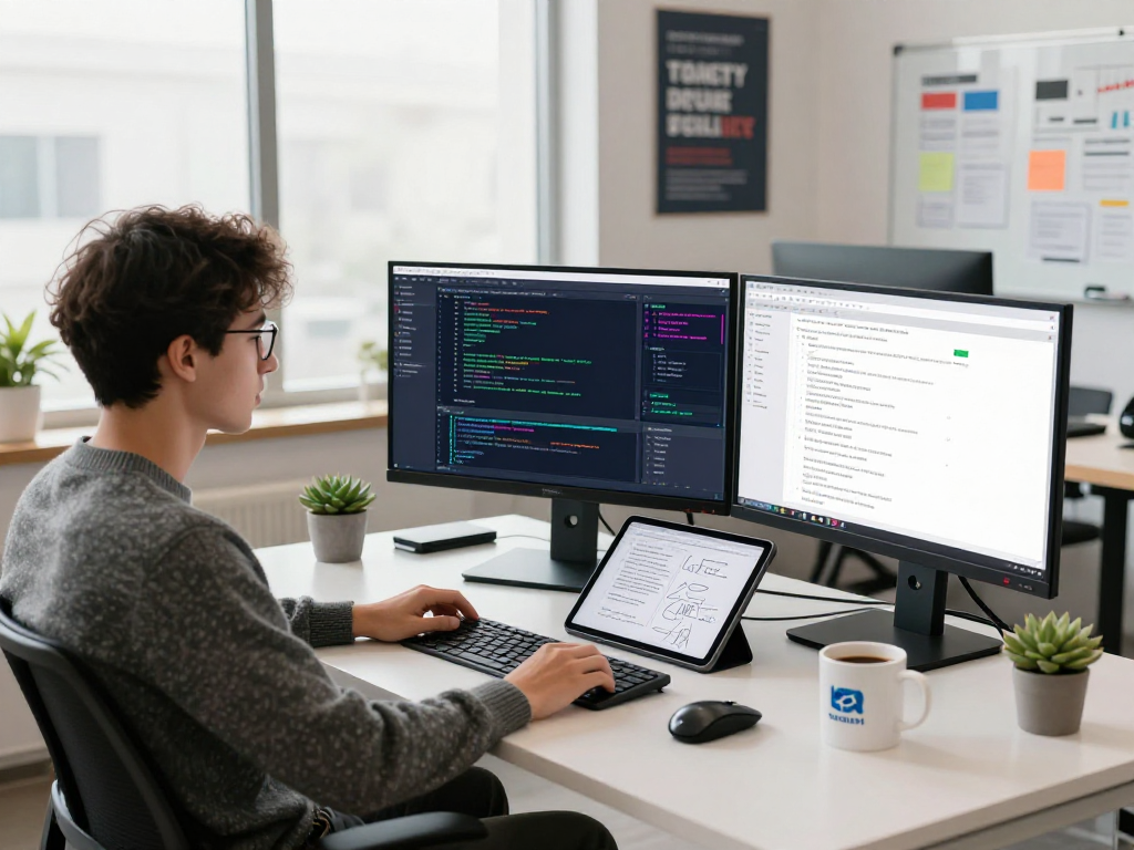 Workspace scene showing hot AI development with coding screens and a tech professional focused on innovative solutions.