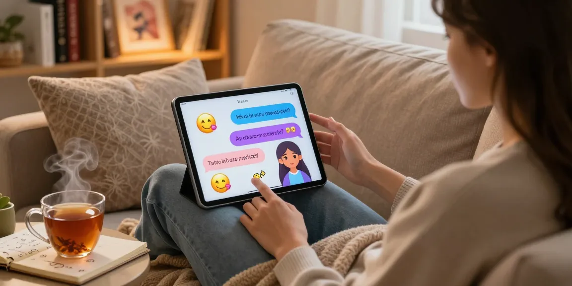 Engaging conversation on a tablet showcasing sex chat ai with colorful speech bubbles and a cozy atmosphere.