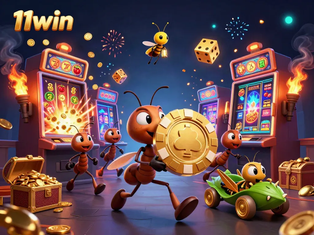 11win ants carrying a giant poker chip in a dynamic casino heist illustration.
