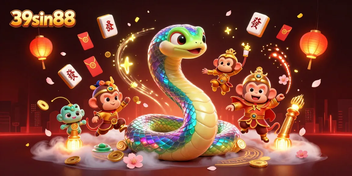 39sin88 showcases a vibrant casino scene with a rainbow serpent, monkey king, and casino elements.