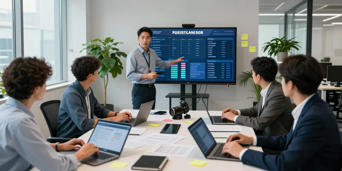 Team collaborating on document fraud detection strategies in a modern office setting, showcasing technology and teamwork.