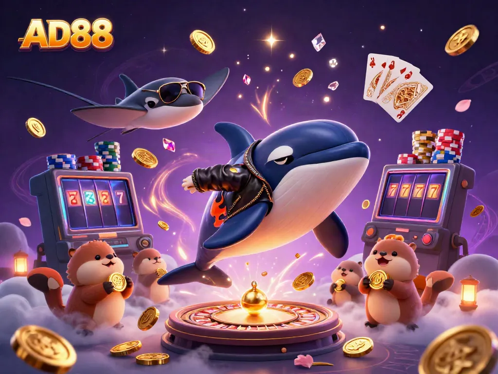 Engage with AD88 in a vibrant casino scene featuring an orca, stingray, and sea otters celebrating with coins.